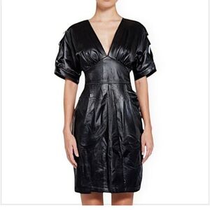 DKNY Vegan Leather Black Puff Sleeve Sheath Dress V-Neck Fit & Flare Size 14